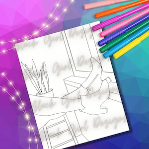 May include: A monochrome line drawing of boots, a plant, and a window. The drawing is on white paper, with coloured markers in the top right. The image is watermarked with the words "Black Girl Designs".