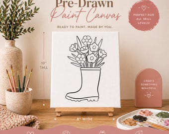 Spring Flowers and Rain Boots Pre-Drawn Canvas I Paint Kit