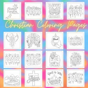 May include: A collection of Christian coloring pages with various inspirational phrases and images. Designs include a cross with wings, a butterfly, a candle, and the words "Always Forgive," "Jesus," and "Blessed." The title "Christian Coloring Pages" is also visible.