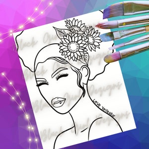 Liebe dich selbst Mädchen Farbe und Schluck PNG Leinwand Bild, Blumenmädchen, Vorgezeichnete Farbe Party PNG, Malseite der Afroamerikanerfrau, SVG