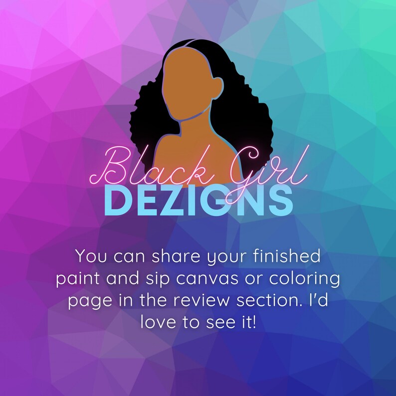 May include: A digital illustration of a Black woman with curly hair, against a purple and blue geometric background. The text "Black Girl DEZIGNS" is in pink and blue letters.