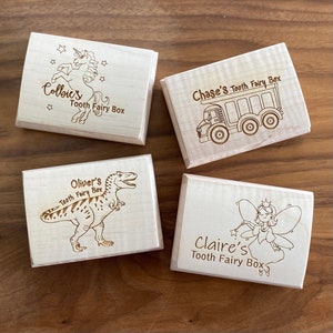 Caja de Hada de los Dientes de Madera Hecha a Mano Personalizada con Nombre del Niño e Imagen de Dinosaurio, Hada de los Dientes, Camión Volquete o Unicornio