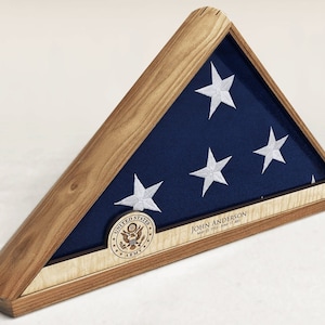 Personalized Memorial Flag Display Case for a 5&#39; x 9.5&#39; Burial or Veteran Commemorative American Flag Handmade in the USA