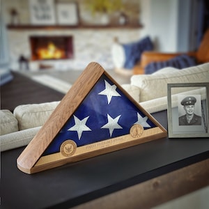 TWO BADGES Personalized Memorial Flag Display Case for a 5&#39; x 9.5&#39; Burial or Veteran Commemorative American Flag Handmade in the USA