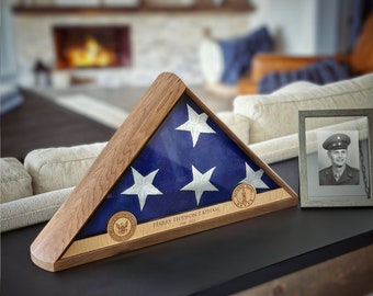 Personalized Memorial Flag Display Case with Two Badges, Veteran Burial Flag Box, Handmade USA