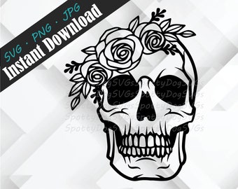 May include: Black and white digital design of a skull wearing a floral crown. The image includes the text "SVG . PNG . JPG Instant Download". The watermark will be removed when purchased.