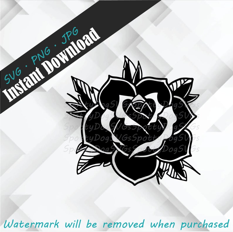 Peut inclure: Illustration d'une rose noire et blanche avec des d&eacute;tails de p&eacute;tales et de feuilles. T&eacute;l&eacute;chargement num&eacute;rique disponible en formats SVG, PNG et JPG. Le texte indique "T&eacute;l&eacute;chargement instantan&eacute;".