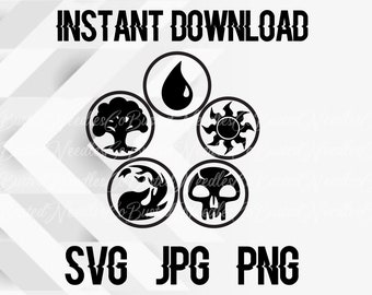 Peut inclure: Graphique numérique noir et blanc avec le texte "TÉLÉCHARGEMENT INSTANTANÉ" en haut. Le graphique présente cinq symboles circulaires, dont une goutte d'eau, un soleil, un arbre, un crâne et des flammes. En bas, les types de fichiers : SVG JPG PNG.