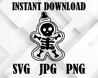 Pode incluir: Gráfico a preto e branco de um esqueleto de homem de gengibre a usar um gorro de Pai Natal. As palavras "INSTANT DOWNLOAD" estão no topo e "SVG JPG PNG" na parte inferior.