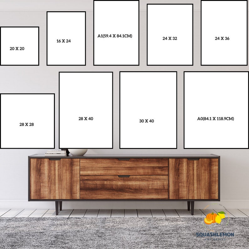 May include: A wall gallery featuring nine different sized picture frames with various measurements in inches and centimeters. The frames are arranged in a staggered pattern on a white wall above a wooden dresser.