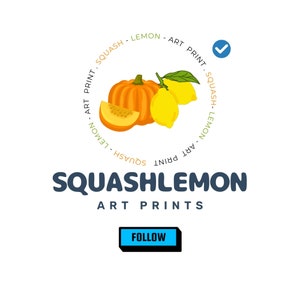 Pode incluir: Um logotipo para um neg&oacute;cio chamado "Squashlemon Art Prints". O logotipo apresenta uma ilustra&ccedil;&atilde;o estilizada de uma ab&oacute;bora e um lim&atilde;o, com o texto "Squashlemon Art Prints" abaixo da ilustra&ccedil;&atilde;o. O logotipo &eacute; rodeado por um c&iacute;rculo de texto que diz "Squash - Lemon - Art Print - Squash - Lemon - Art Print".