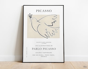 Picasso -  Line Drawing Wall Art, Dove Of Peace, Vintage Exhibition Line Poster Print