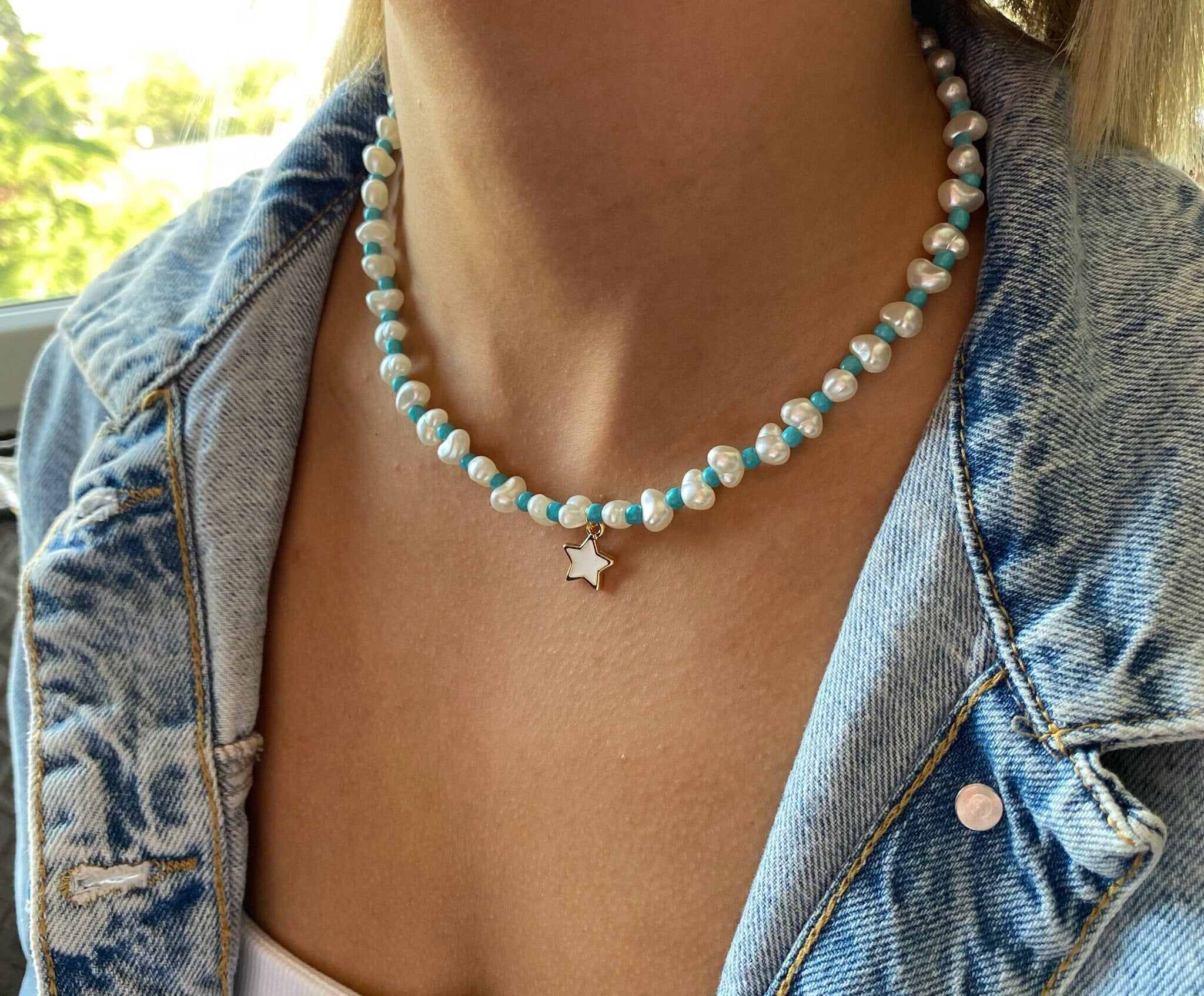 Necklace With Beads Pearls and Star Charm Heart Shaped - Etsy