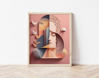 Viso e uccelli, arte colorata scaricabile istantaneamente, decorazioni murali, stampe uniche