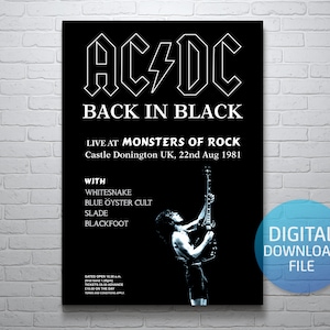 ACDC 1981 Donington Monster of Rock Gedenkplakat. Rückseite in Schwarz.