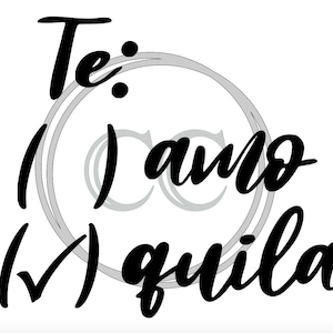 Op de afbeelding: Zwart-wit grafisch ontwerp met de tekst "Te: amo tequila" in een gestileerd lettertype.