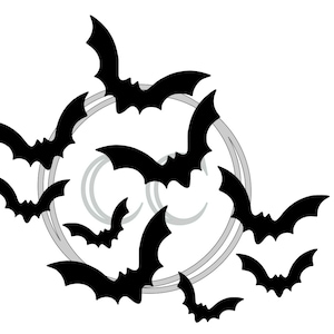May include: A black and white illustration of bats flying around a circle. The bats are in a circular pattern around the circle.