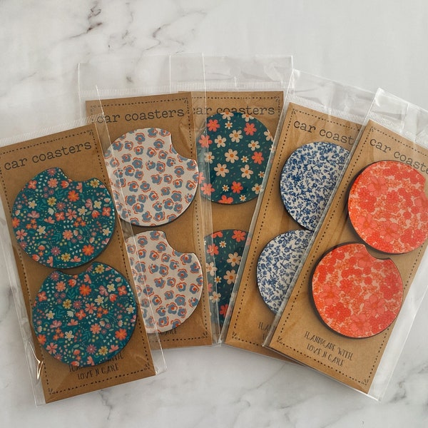 Floral Flowers Cute Car Coasters, Set of 2, Cute Aesthetic Car Coasters, New Car Gift, Gifts for Her