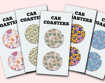 Floral Flowers Cute Car Coasters, Set of 2, Cute Aesthetic Car Coasters, New Car Gift, Gifts for Her