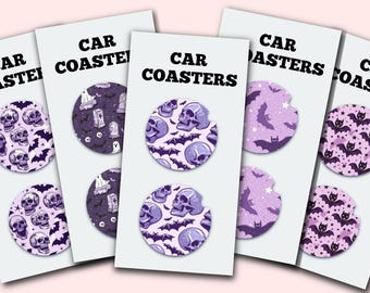 Halloween Purple Cute Car Coasters, Set of 2, Cute Aesthetic Car Coasters, New Car Gift, Gifts for Her