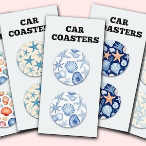 May include: Set of six car coasters with a nautical theme. The coasters feature a white background with blue and orange seashells, starfish, and coral. The text "CAR COASTERS" is printed on each coaster.