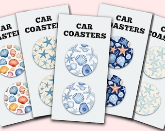 Seashells Starfish Ocean Theme Cute Car Coasters, Set of 2, Cute Aesthetic Car Coasters, New Car Gift, Gifts for Her, Car Accessories