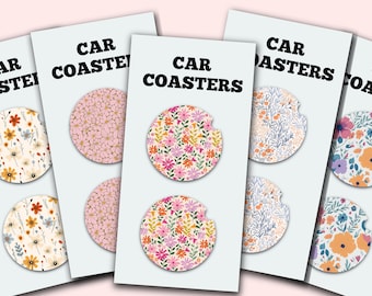 Floral Flowers Cute Car Coasters, Set of 2, Cute Aesthetic Car Coasters, New Car Gift, Gifts for Her