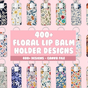 May include: A collection of 400+ floral lip balm holder designs in a Canva file. The designs feature various floral patterns in bright colours, perfect for adding a touch of whimsy to your lip balm.