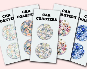 Floral Flowers Cute Car Coasters, Set of 2, Cute Aesthetic Car Coasters, New Car Gift, Gifts for Her