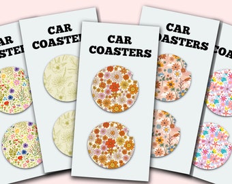 May include: Set of six car coasters featuring a floral pattern in various colors, including orange, pink, yellow, and green. The coasters are round and have a white background. The text "CAR COASTERS" is printed on the cards.