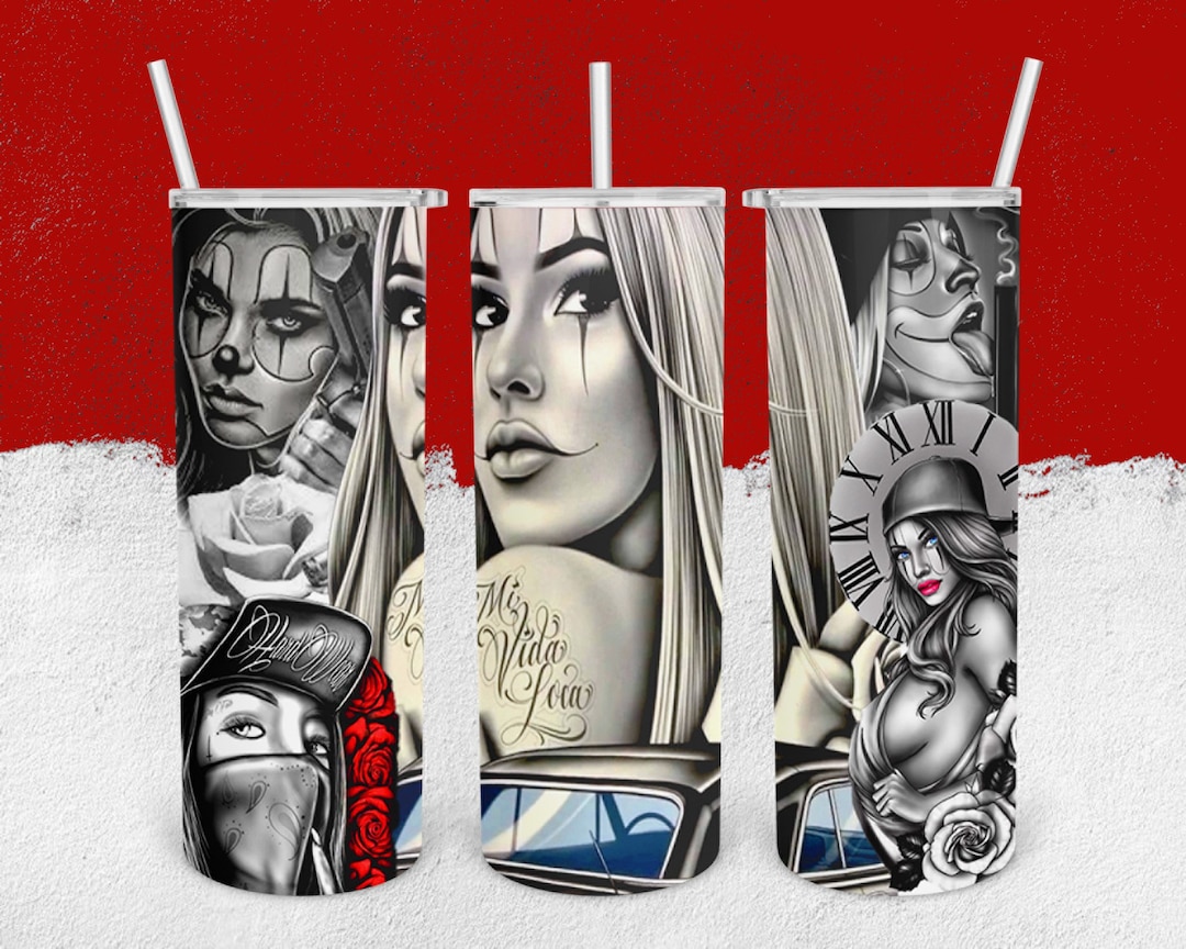 Chicano Art Girl Tattoo Old School 20oz Skinny Tumbler Template Wrap