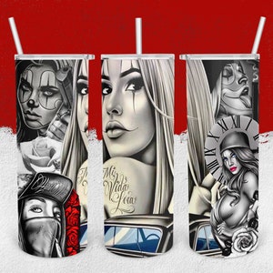 May include: Three stainless steel tumblers with black and white images of women with tattoos and roses. The tumblers have a straw and a lid. The images on the tumblers include a woman with a clown makeup, a woman with a clock and a woman with a car.