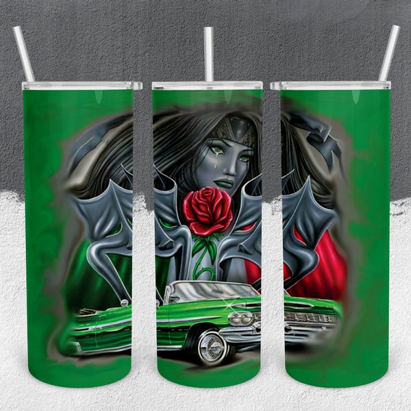 Chicano Art Girl tattoo old school 20oz Skinny Tumbler Lowrider wrap Black Green Chicana Cholo  Homie Prison Art Don't Break Your Promise