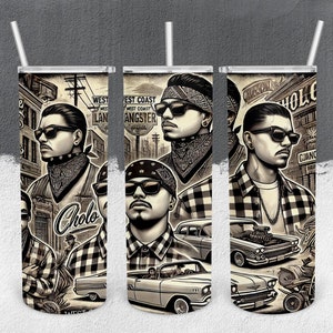 May include: Three stainless steel tumblers with a black and white graphic design featuring men wearing bandanas and plaid shirts. The design includes the text "West Coast Gangster" and "Cholo".