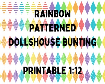 Puppenhaus druckbare 1:12 Regenbogen Muster Wimpelkette PDF Puppenhaus Papier Handwerk Sofortiger digitaler Download Sammlerstück