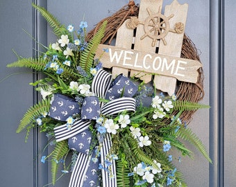 Nautical Wreaths for Front Door, Coastal Welcome Wreath, Beach House Wreath, Nautical Wreath with Anchor, Blue and White Wreath for Summer