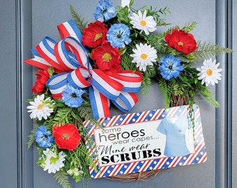 Red White and Blue Nurse Floral Wreath for Front Door, Summer Gift for Healthcare Worker, Patriotic USA Grapevine Wreath