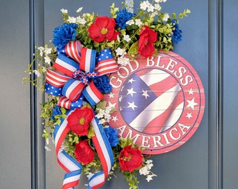 Patriotic God Bless America Wreath for Memorial Day, Fourth of July Silk Flower Summer Wreath for Front Door