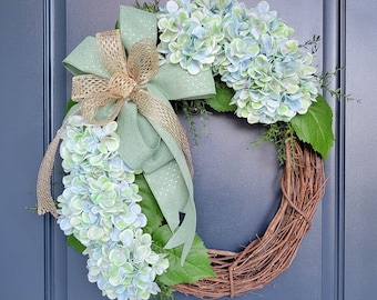 Spring Hydrangea Wreath for Front Door, Elegant Spring Floral Wreath, Year Round Front Door Wreath, Blue and Green Wreath