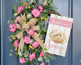 Pink and Yellow Spring Wreath, Elegant Floral Wreath, Spring Grapevine Wreath for Front Door, Farmhouse Spring Outdoor Wreath