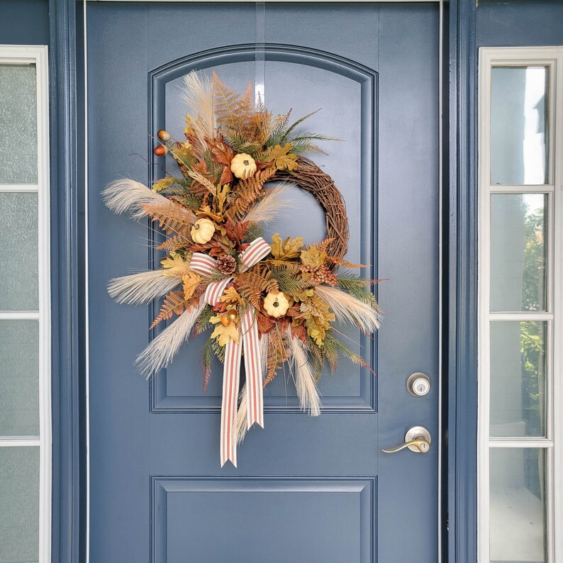 Large Neutral Boho Wreath for Fall Front Door, Rustic Pampas Grass Silk ...