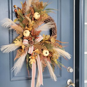 Large Neutral Boho Wreath for Fall Front Door, Rustic Pampas Grass Silk ...