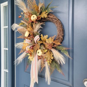Large Neutral Boho Wreath for Fall Front Door, Rustic Pampas Grass Silk ...