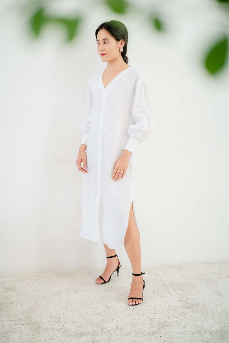 Long Sleeve Linen Dress, Linen Dress, White Linen Dress, Midi Linen Dress, Casual Linen Dress, Fran Linen Dress image 3