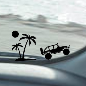 May include: Black silhouette of a jeep driving over a small island with two palm trees and a sun. The jeep has a spare tire on the back.