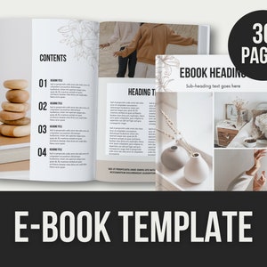 Op de afbeelding: Een e-book sjabloon van 30 pagina's met een minimalistisch ontwerp. De omslag heeft een bloemillustratie en een collage van afbeeldingen in neutrale tinten. De tekst op de omslag luidt "EBOOK HEADING" en "Sub-heading text goes here".