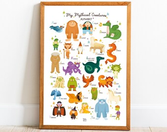 Mythical creatures alphabet poster | A3 print for kid's room & nursery | Educational wall art learning about mythical beasts