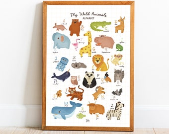 Wild animals alphabet poster | Educational A3 print for kids room & nursery | ABC learning | Wall art for young explorers | Art for kids hub