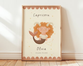 Capricorn star sign print for kids' room | Personalized zodiac art | Nursery wall poster | Astrology nursery decor