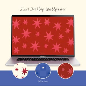 May include: A silver laptop displays a red desktop wallpaper with pink star shapes. The text "Stars Desktop Wallpaper" is above the screen. Below the laptop are three circular design previews.